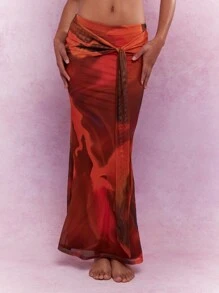 MISSGUIDED Váy Maxi Maxi In Họa Tiết Lưới Thắt Nút Eo Loe Viền Giáng Sinh - Đỏ - Xem 1