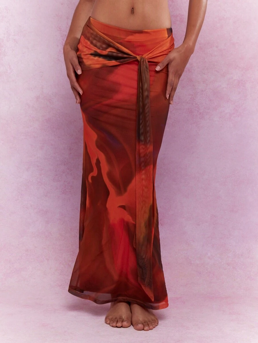 MISSGUIDED Váy Maxi Maxi In Họa Tiết Lưới Thắt Nút Eo Loe Viền Giáng Sinh - Đỏ - Xem 1