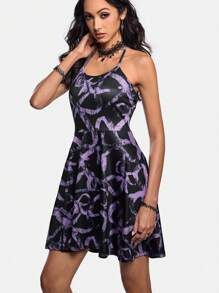 Artemosfera 艺术家深紫色蝴蝶结印花露背连衣裙，秋季女装，适合秋季、节日、派对、度假、除夕装、情人节、节日 - 彩色 - 查看 5