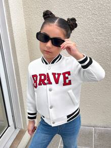 SHEIN Explorewe Girls Casual Stylish Street Wear White Baseball Jacket With Fleece Material, Red Simple Fashion English Letter Printed Cardigan, Autumn Season - White - View 4
