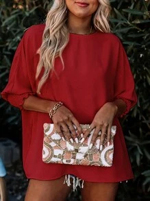 INAWLY Women's Solid Color Batwing Sleeve Blouse For Leisure