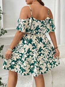 SHEIN VCAY Đầm suông hở vai in họa tiết hoa cỡ lớn cho nữ - Màu xanh lá cây đậm - Xem 2