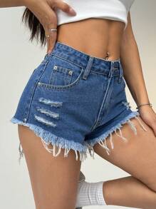 SHEIN PETITE Shorts de mezclilla con botones frontales, múltiples bolsillos, bajo deshilachado y desgastado, uso casual para todos los días