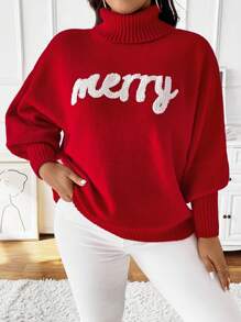 Áo len cổ cao họa tiết chữ thường cỡ lớn, quần áo thu đông cho năm mới - Đỏ - Xem 1