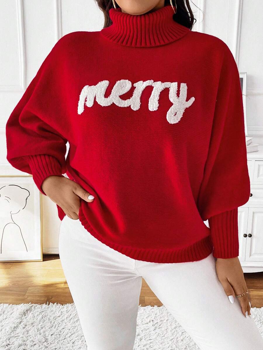Áo len cổ cao họa tiết chữ thường cỡ lớn, quần áo thu đông cho năm mới - Đỏ - Xem 1