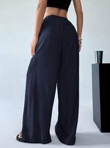 SHEIN EZwear 女式纯色抽绳口袋阔腿休闲飘逸裤 - 藏蓝色 - 查看 2