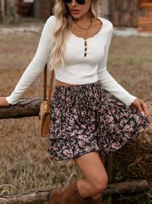 SHEIN VCAY Solid Color Hollow Out Ruffle Hem Simple Sweater, Casual Dailywear,Fall Women Outfits,Fall Sweaters - White - View 3