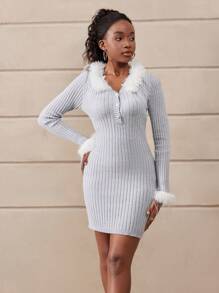Teen Girl Chic Furry Collar & Cuff Fitted Short Sweater Dress, Showcasing High-End Fashionable Charm. The Furry Collar & Cuffs Add A Luxurious Touch, While The Ribbed Details Accentuate The Elegant Figure. The Fitted Design Highlights The Graceful Curves, And The Long Sleeves Provide Warmth And Sophistication. Suitable For Outings, Gatherings, And Photo-Taking, Embodying The Taste Of Teenage Girls. This Sweater Dress Is Imbued With A Sense Of Aristocratic Quality, Allowing The Wearer To Radiate An Aura Of Nobility And Elegance, Becoming The Center Of Attention Wherever They Go, And Exuding Youthful Vigor And Refined Charm. - Dusty Blue - View 5