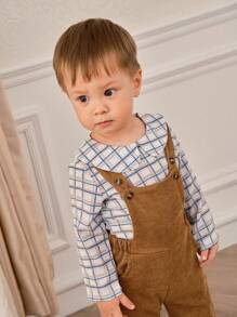 SHEIN 2pcs Baby Boys European Style Long Sleeve Ruffle Collar Top + Corduroy Overalls Set, Spring/Autumn - Brown - View 6