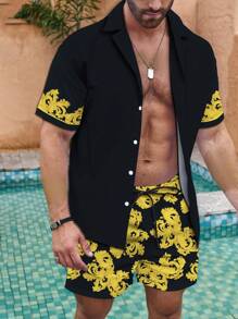 Manfinity Men's Floral Print Short Sleeve Kimono And Drawstring Waist Shorts Beach Suit