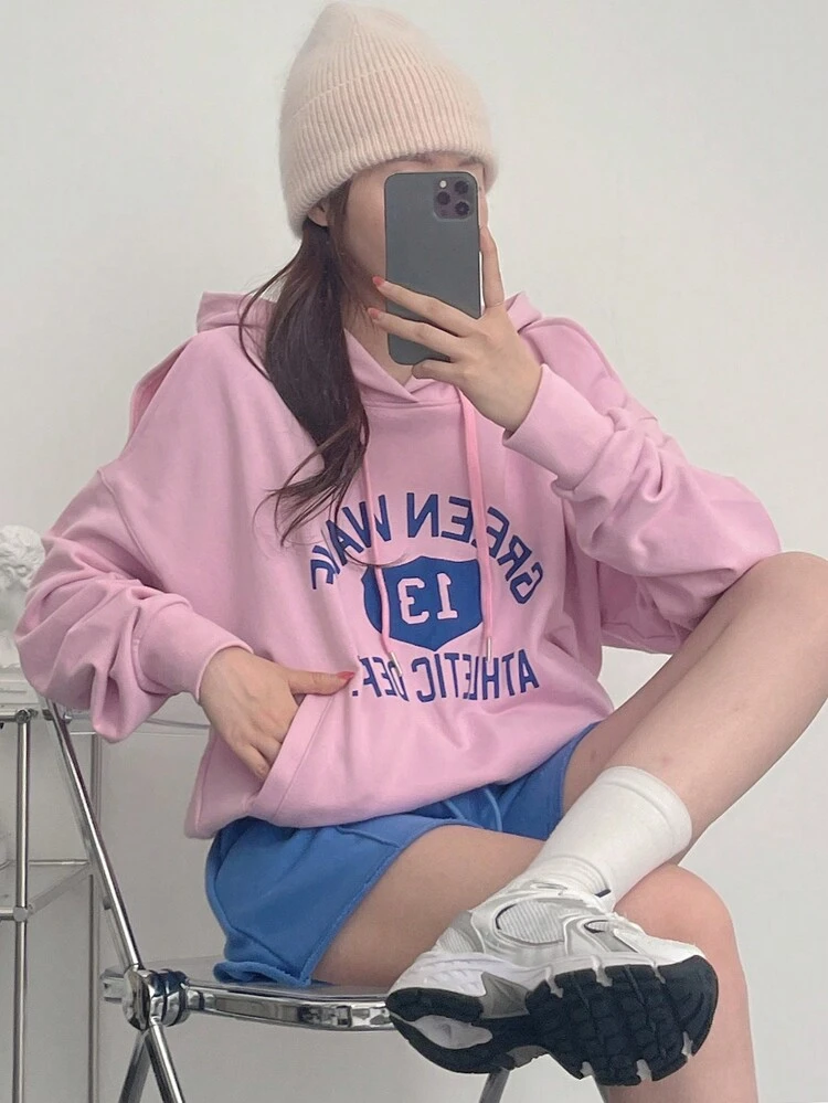 Women's Letter Print Long Sleeve Pocket Loose Hooded Sweatshirt, Casual Wear Hoodies