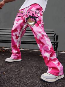 PAVTROS Manfinity Streetrush Men's Pink Fun Camouflage Cartoon Figure Graphic Hip Hop Flared Cropped Pants, Back To School, Going Out Long Sweatpants, For Husband, Boyfriend Gifts, For Rave - Multicolor - View 5
