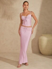 L'Amorae Lace Insert Cami Top And Mermaid Maxi Skirt Set - Pink - View 6
