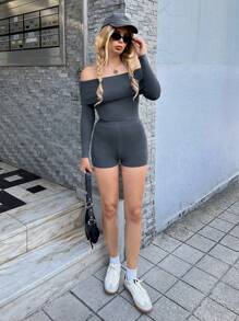 Forever 21 2pcs Off-Shoulder Top And Shorts Set, Casual Outfit For Fall/Winter - Grey - View 6