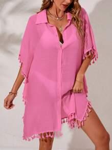 SHEIN Swim 流蘇邊蝙蝠袖前紐扣和服罩衫