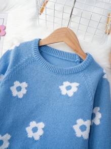 SHEIN 年轻女孩圆领长袖花卉图案毛衣，休闲日常穿着 - 藍色 - 查看 5