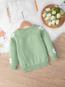SHEIN 年轻女孩花卉印花圆领长袖宽松时尚毛衣 - 綠色 - 查看 2