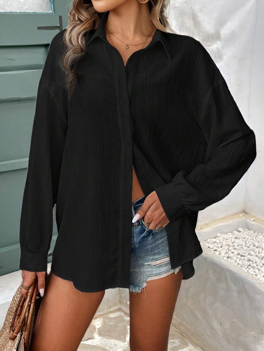 SHEIN Frenchy 女士純色簡約日常長袖襯衫 - 黑色 - 查看 1