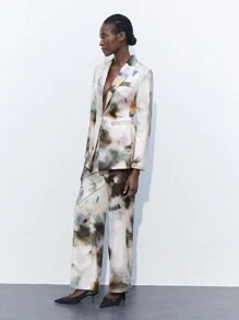 Maija 女士彩色泼墨花卉印花多色百搭经典扎染印花翻领长袖优雅时尚商务休闲西装外套 - 棕色 - 查看 8