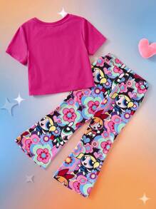 THE POWERPUFF GIRLS X SHEIN 2pcs Young Girl Cartoon Print Knot Hem Short Sleeve T-Shirt And Flare Leg Pants Outfit