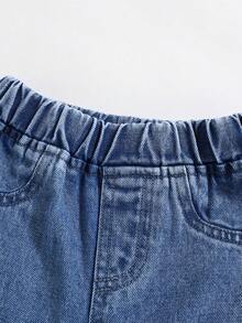 Pantalones vaqueros de otoño/primavera para bebés niños con diseño de orejas de oso y parches en las rodillas - Azul lavado medio - Ver 3