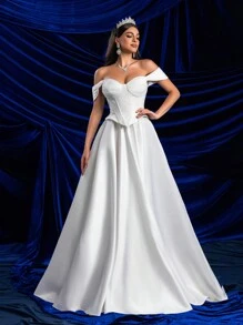 SHEIN Belle Elegant Glamorous Off-Shoulder 2 In 1 Set With Sequin Lace Bust Cup, Fish Bone Boning, A-Line Dress & High Slit, Sheer Lace Design, Suitable For Weddings, Parties, Galas & Informal Ceremonies, White Bridal Dress