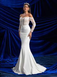 Glamrae 优雅迷人露肩透视长袖胸罩杯骨露背蕾丝花边美人鱼蕾丝下摆婚纱，白色新娘礼服 - 米色 - 查看 5