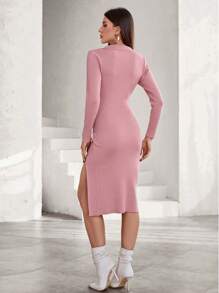 Femmeiva Elegant & Versatile V-Neck Split Hem Fitted Knit Sweater Dress Fall Cloth For Women - Dusty Pink - View 2