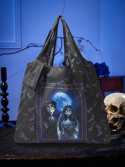 Corpse Bride | ROMWE Large Capacity Foldable Dark-Tone Tote Bag With Coin Purse, Portable Shopping Bag