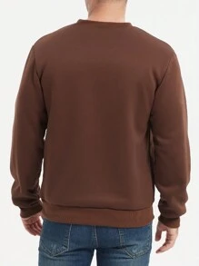 Manfinity Homme Herren einfarbiger Rundhalspullover mit Langarm aus Fleece, Herbst/Winter - Braun - Übersicht 2