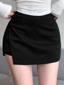DAZY Women's Solid Color Side Slit Casual Skort - Black - View 4