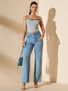 SHEIN BAE 女士夏季撞色蕾丝蝴蝶结装饰吊带背心 - 灰色 - 查看 6
