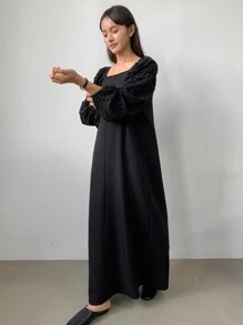 FRIFUL Women's Square Neck Lantern Sleeve Solid Color Dress, Summer