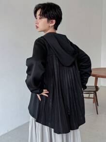 FRIFUL Women's Oversized Ruffle Trim Fleece Sweatshirt With Back Design, Thermal Lined Fall,Winter Hoodies - Black - View 7