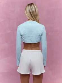 MISSGUIDED Athletic Performance Long Sleeve Fitted Crop Top Bolero Active Workout Ballet Dance Layer Training Wear Running Activewear Summer Spring - Blue - View 2