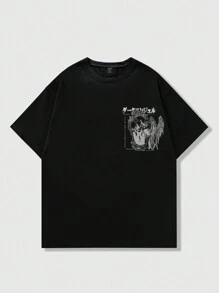 ROMWE MEN Street Life Camiseta de manga corta de cuello redondo de seda de leche con transferencia de calor, verano - Negro - Ver 2