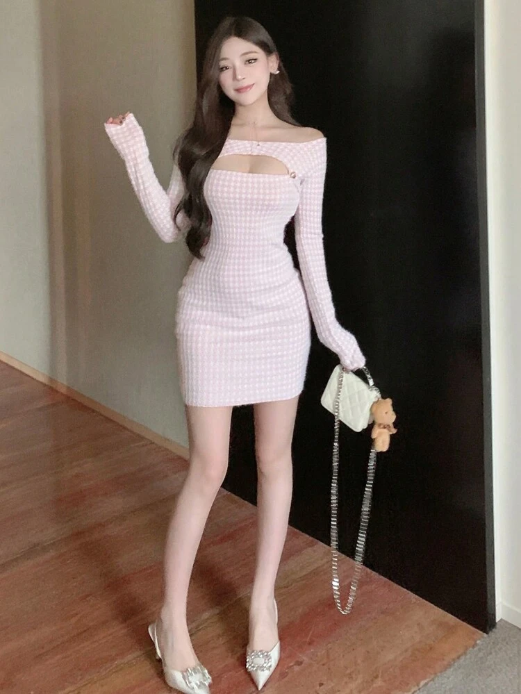 Pink Plaid Off-Shoulder Hollow-Out Long Sleeve Dress, Suitable For Party, Valentine's Day,Fall Women Clothes