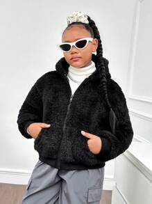 SHEIN Tween 女童休闲纯色泰迪羊毛连帽夹克，时尚街头服饰，甜美酷炫，秋冬