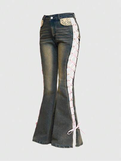 Kawaii Pantalon évasé en denim pour femmes de style vintage Y2K Millennium slim fit avec nœud papillon latéral