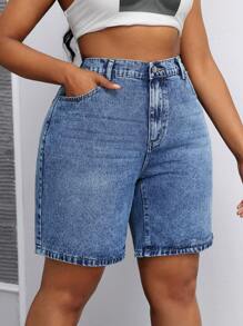 SHEIN ICON 大码水洗斜口袋直筒牛仔短裤夏季女装节日装百慕大短裤休闲 - 中等水洗藍 - 查看 5