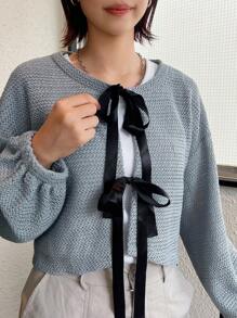 FRIFUL Áo cardigan nữ có thắt lưng thắt nơ - Xám - Xem 6