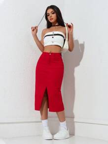 SHEIN Unity 女式纽扣装饰腰带设计修身开叉牛仔迷你裙 - 紅色 - 查看 7