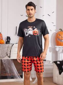 Conjunto de pijama de manga corta con estampado de Halloween: pantalones de pijama a cuadros y camiseta para hombres - Negro - Ver 4