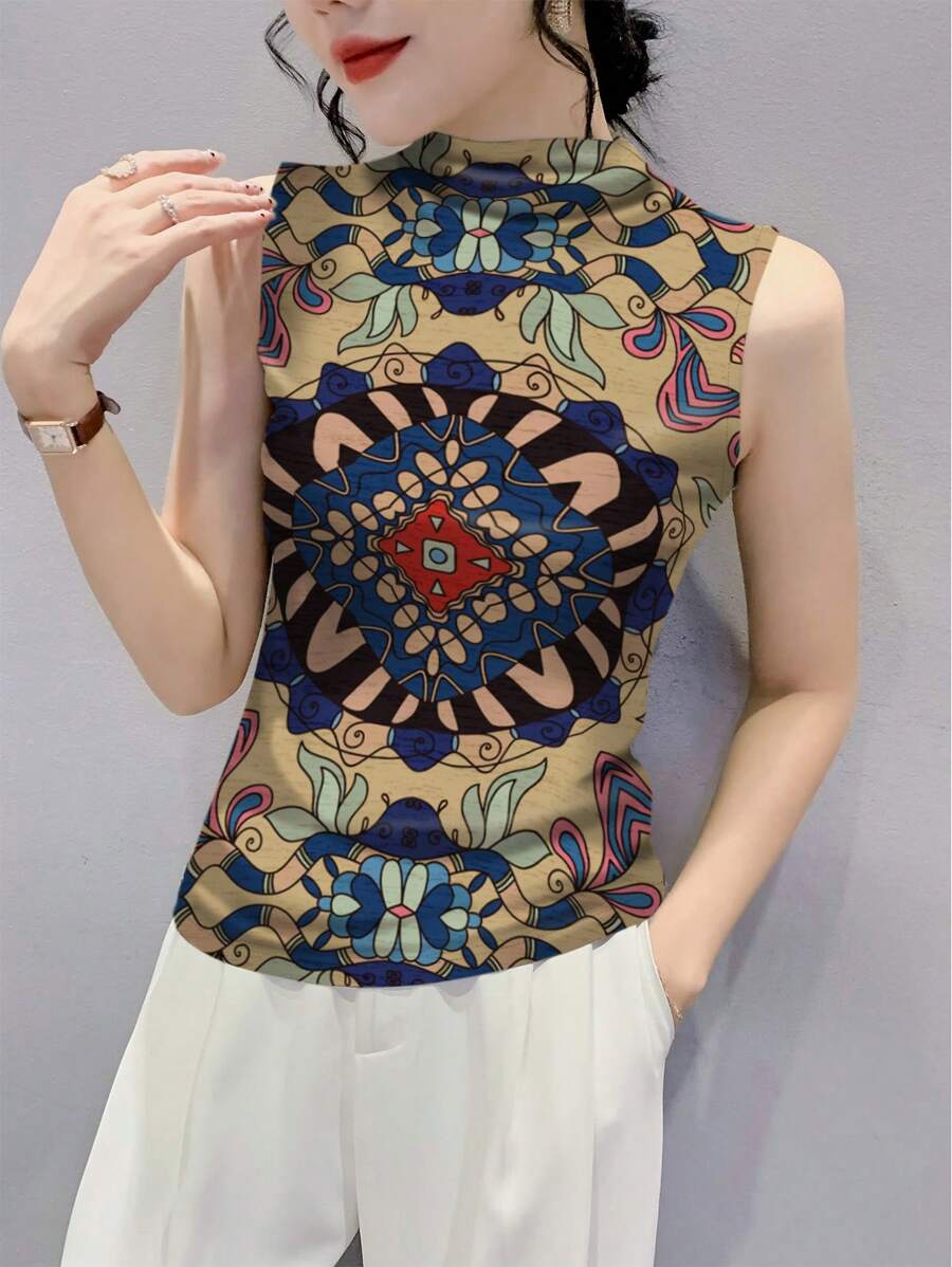 INAWLY Áo ba lỗ cổ đứng in họa tiết cổ điển thanh lịch dành cho nữ, mùa hè - Nhiều màu - Xem 1