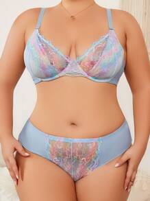 SHEIN Conjunto de lencería cómoda y con encaje de talla grande para damas - Azul - Ver 1
