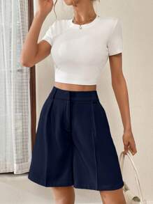 SHEIN Essnce 女士夏季经典齐膝高腰休闲短裤 - 藏蓝色 - 查看 5