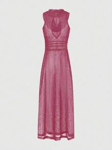 SHEIN Unity Sleeveless Solid Color Hollow Out Minimalist Sheer Long Top, Casual Wear - Red Violet - View 1
