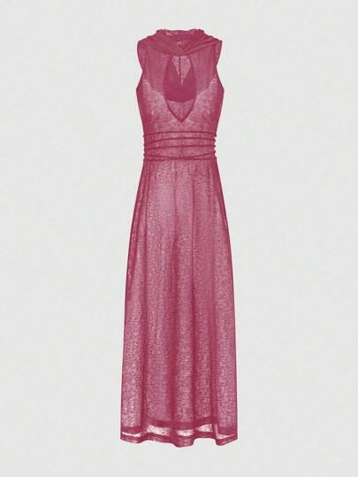 SHEIN Unity Sleeveless Solid Color Hollow Out Minimalist Sheer Long Top, Casual Wear