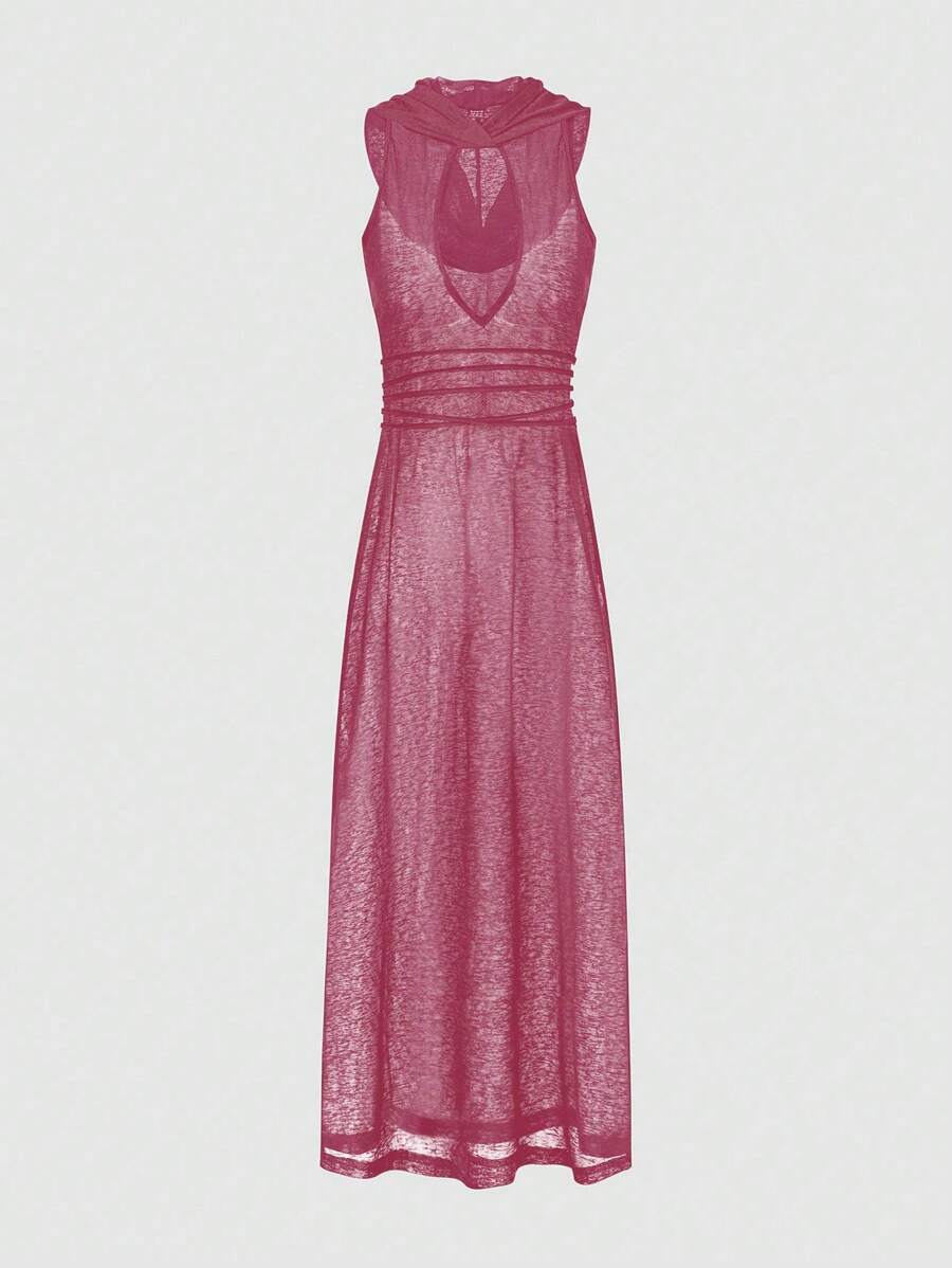 SHEIN Unity Sleeveless Solid Color Hollow Out Minimalist Sheer Long Top, Casual Wear - Red Violet - View 1