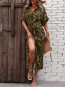 Breezaya Women's Summer Allover Print Bat-Sleeve Single-Breasted Split-Hem Long Shirt Dress